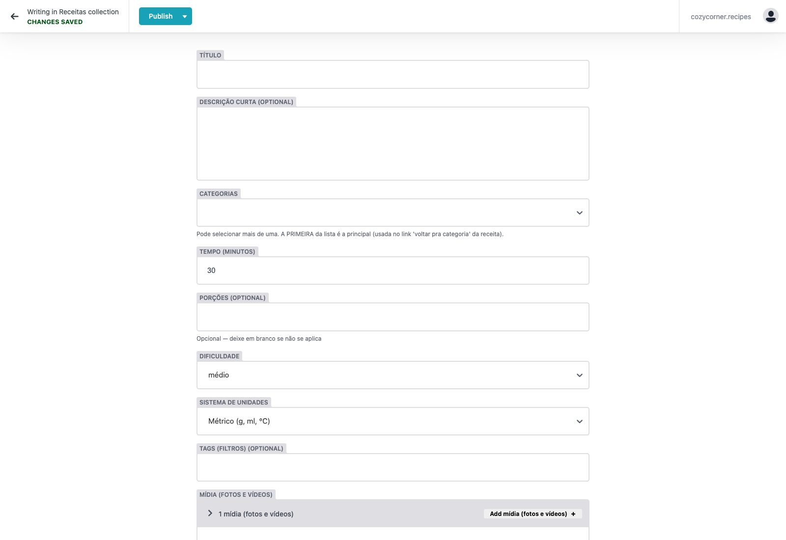 Editor de nova receita no Decap CMS — campos visíveis: título, descrição curta, categorias, tempo, porções, dificuldade, sistema de unidades, tags, mídia