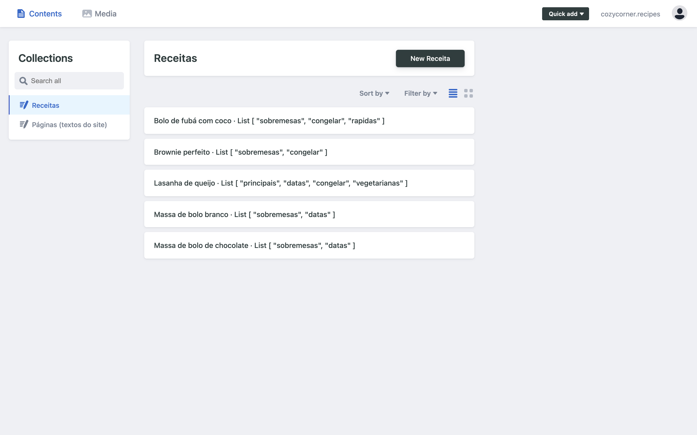 Dashboard do Decap CMS — lista de receitas com sidebar de coleções, botões de filtro e ordenação